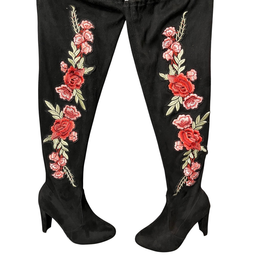 Wild Diva Black Over The Knee Boots Floral Embroidery Block‎ Heel Size 10